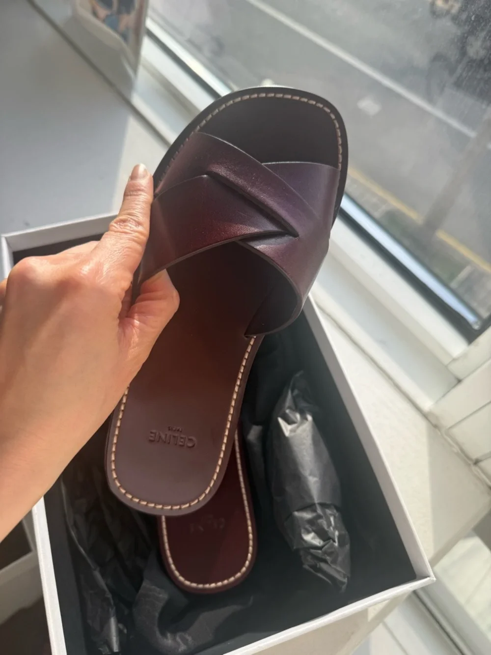 Celine Burgundy Leather Cross-Strap Slides - Picture 2 of 9